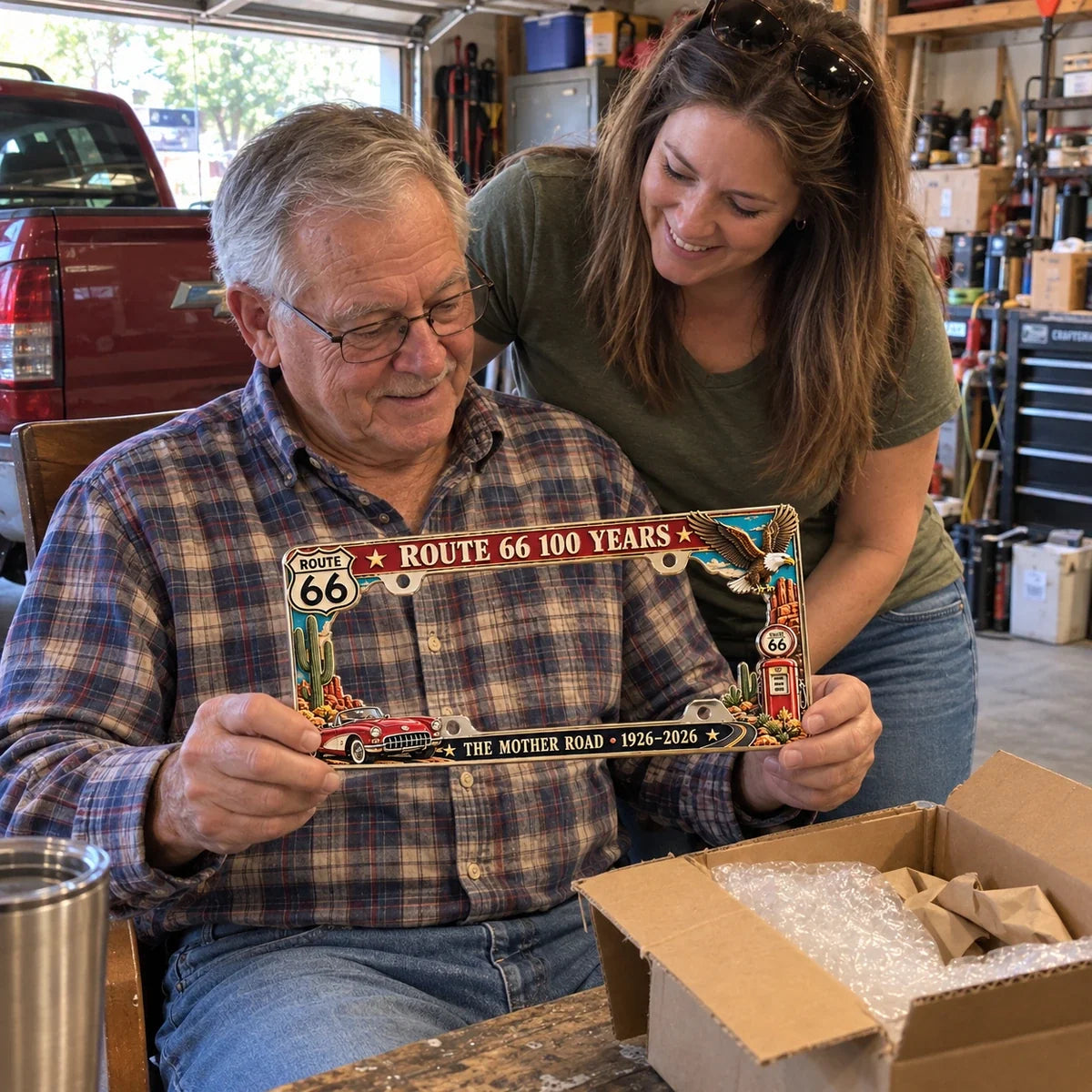 Family unboxing Route 66 centennial license plate frame at home