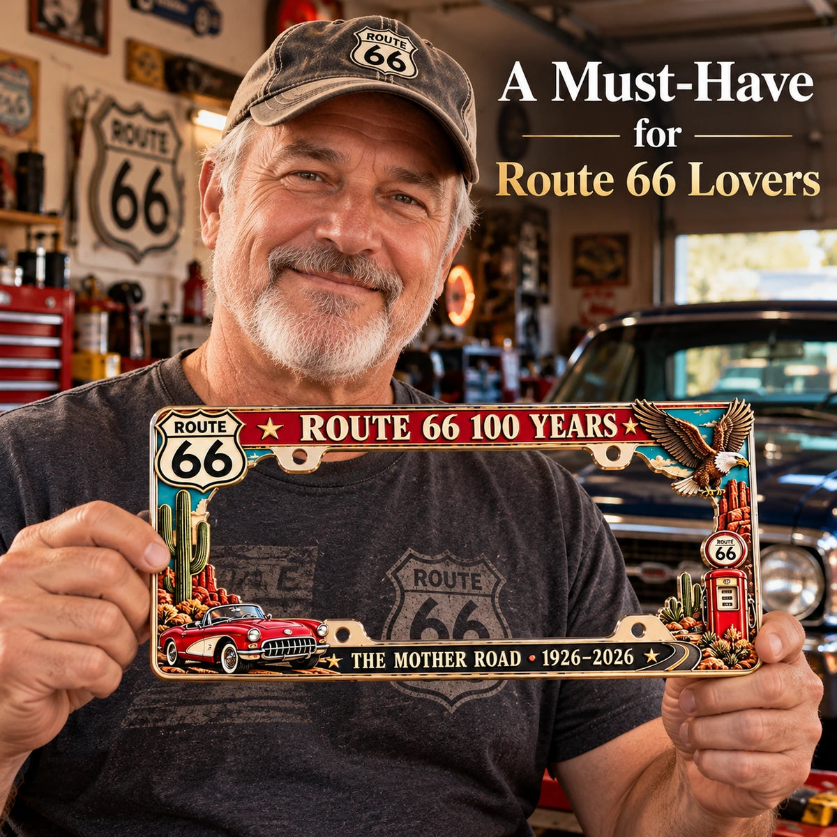 Route 66 car enthusiast showing the metal license plate frame in his garage