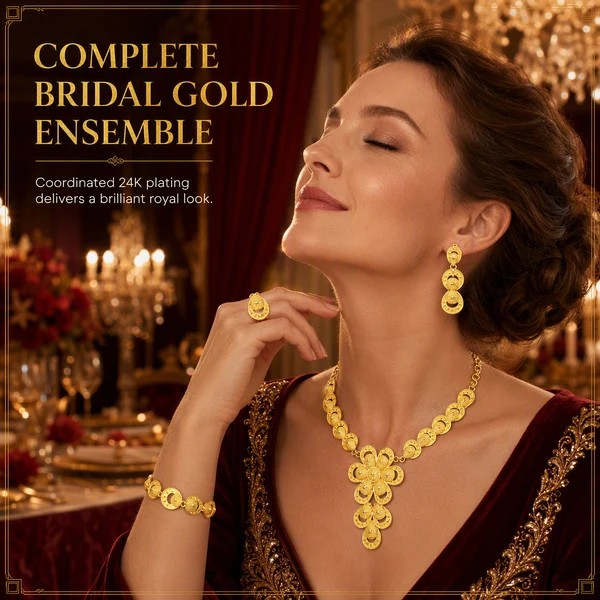 Model wearing floral gold bridal jewelry set
