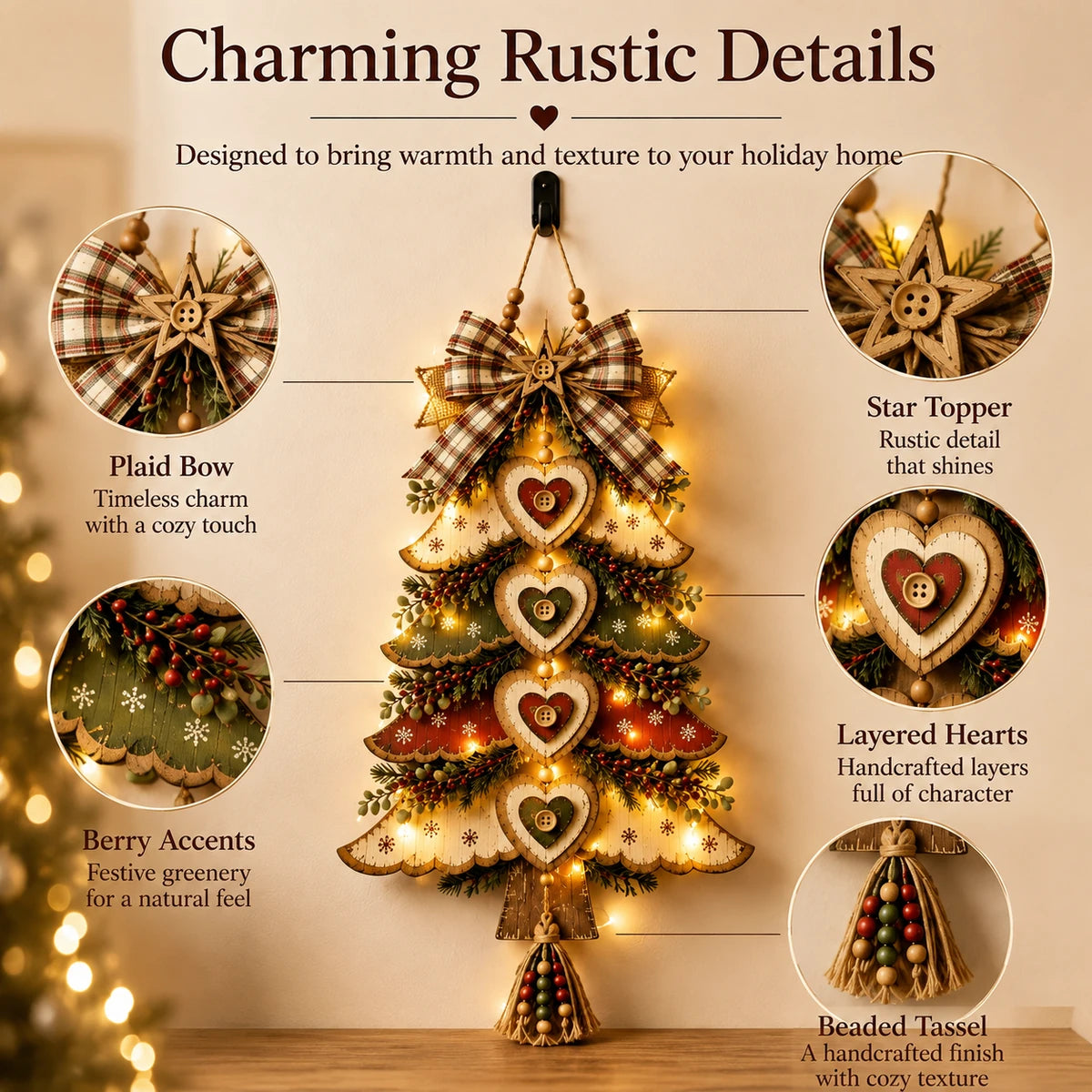 Rustic Christmas tree wall hanging detail closeups