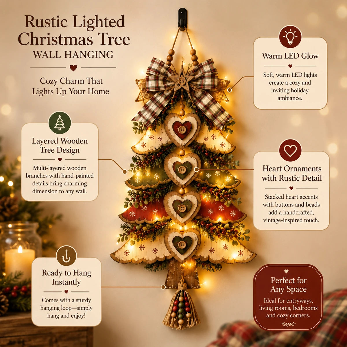 Rustic lighted Christmas tree wall hanging features