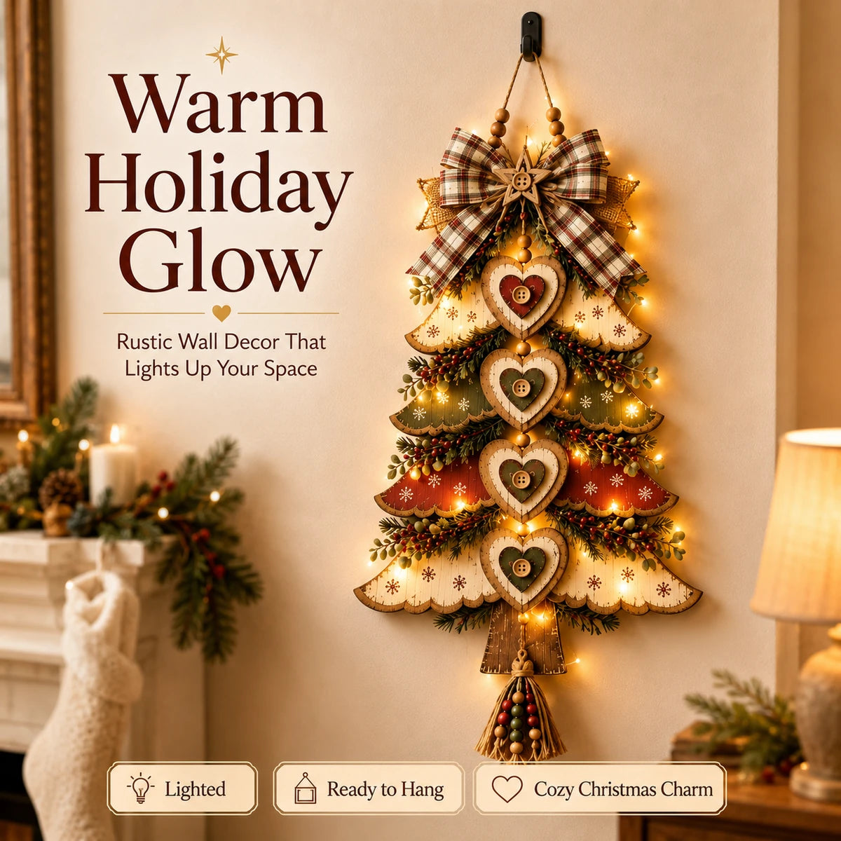 Lighted rustic wooden Christmas tree wall hanging