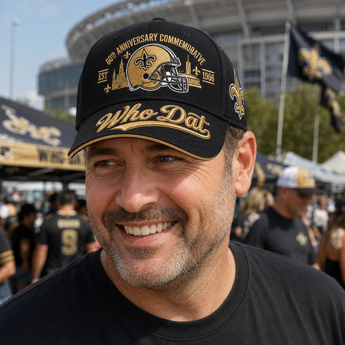 Black commemorative cap worn outside a football stadium