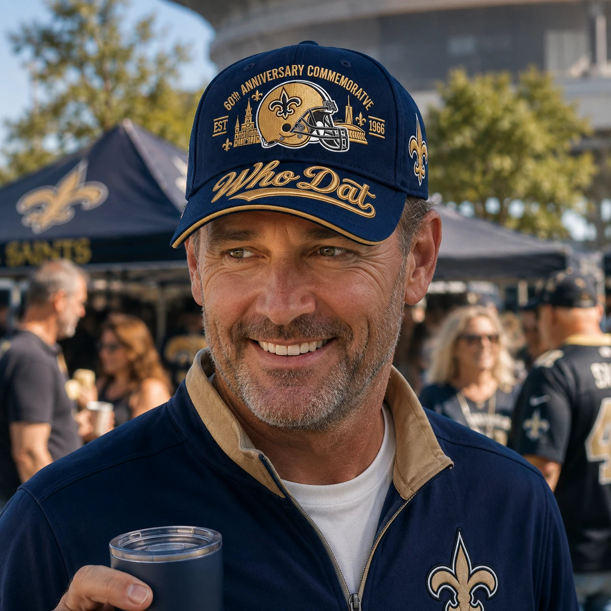 Blue commemorative cap worn at a fan gathering