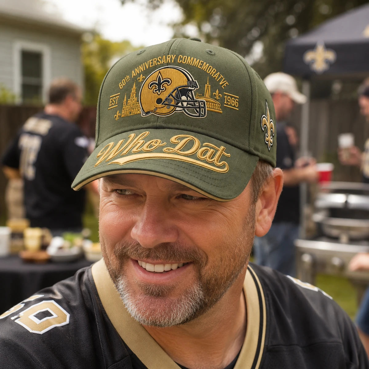 Green commemorative cap worn at a backyard tailgate