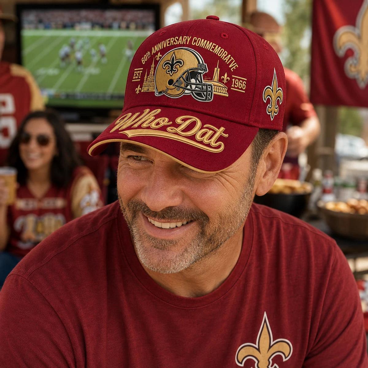 Red and gold commemorative fan cap lifestyle image