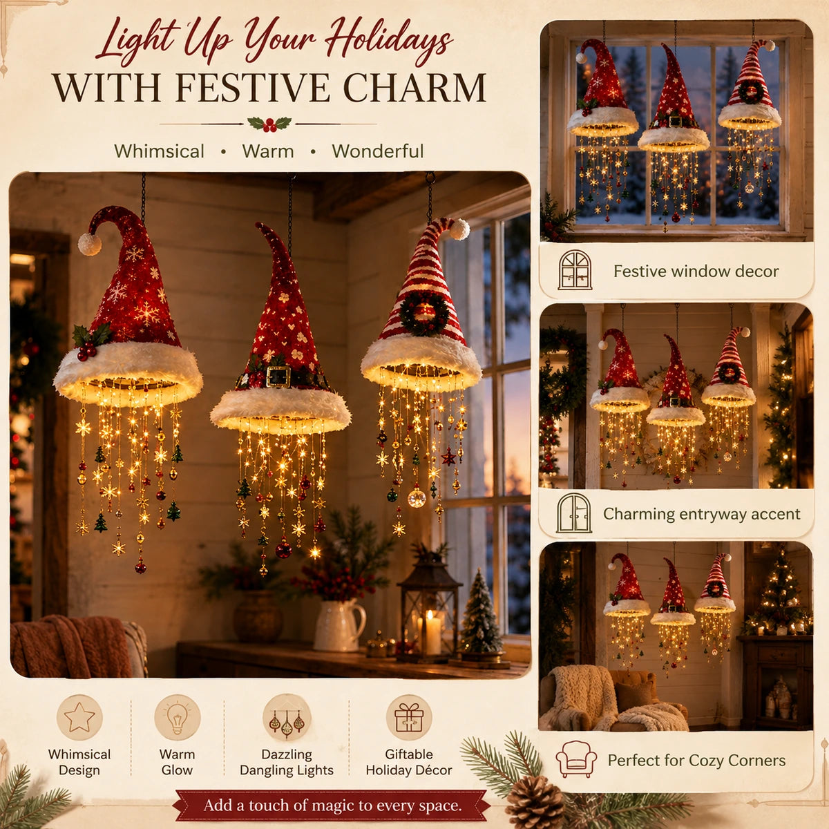 Display ideas for Santa hat chandeliers