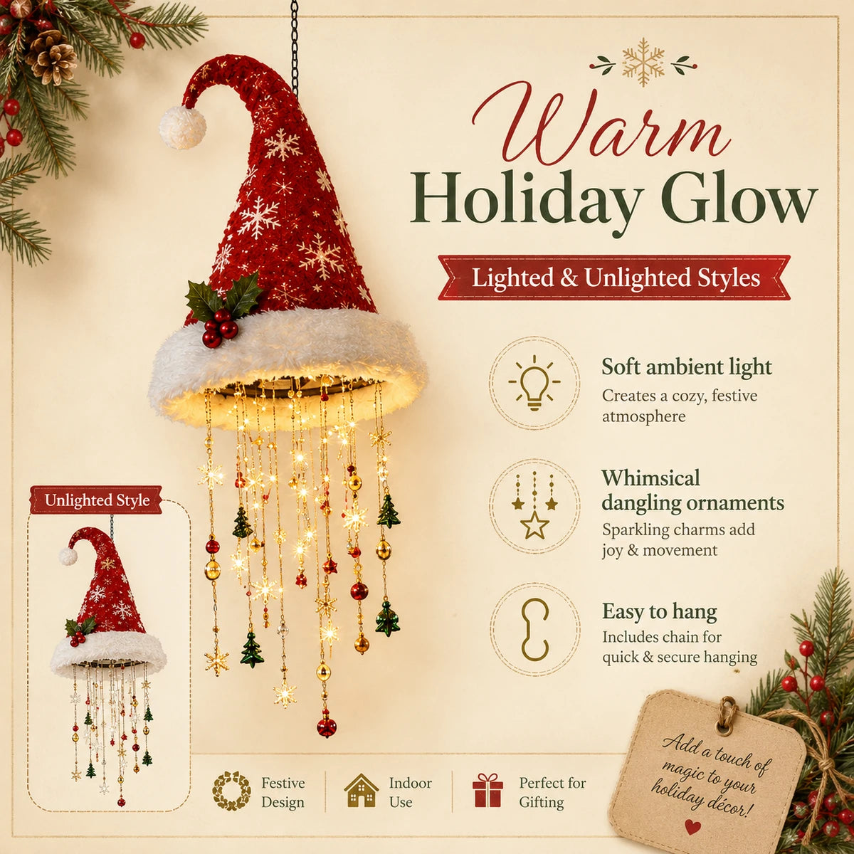 Warm glow features of Santa hat chandelier