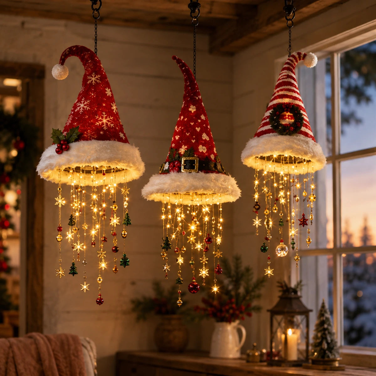 Three glowing Santa hat hanging chandeliers