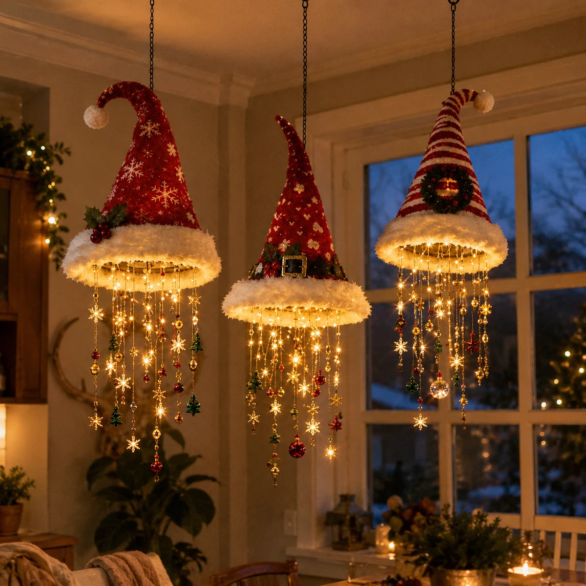 Santa hat chandeliers displayed in a cozy room