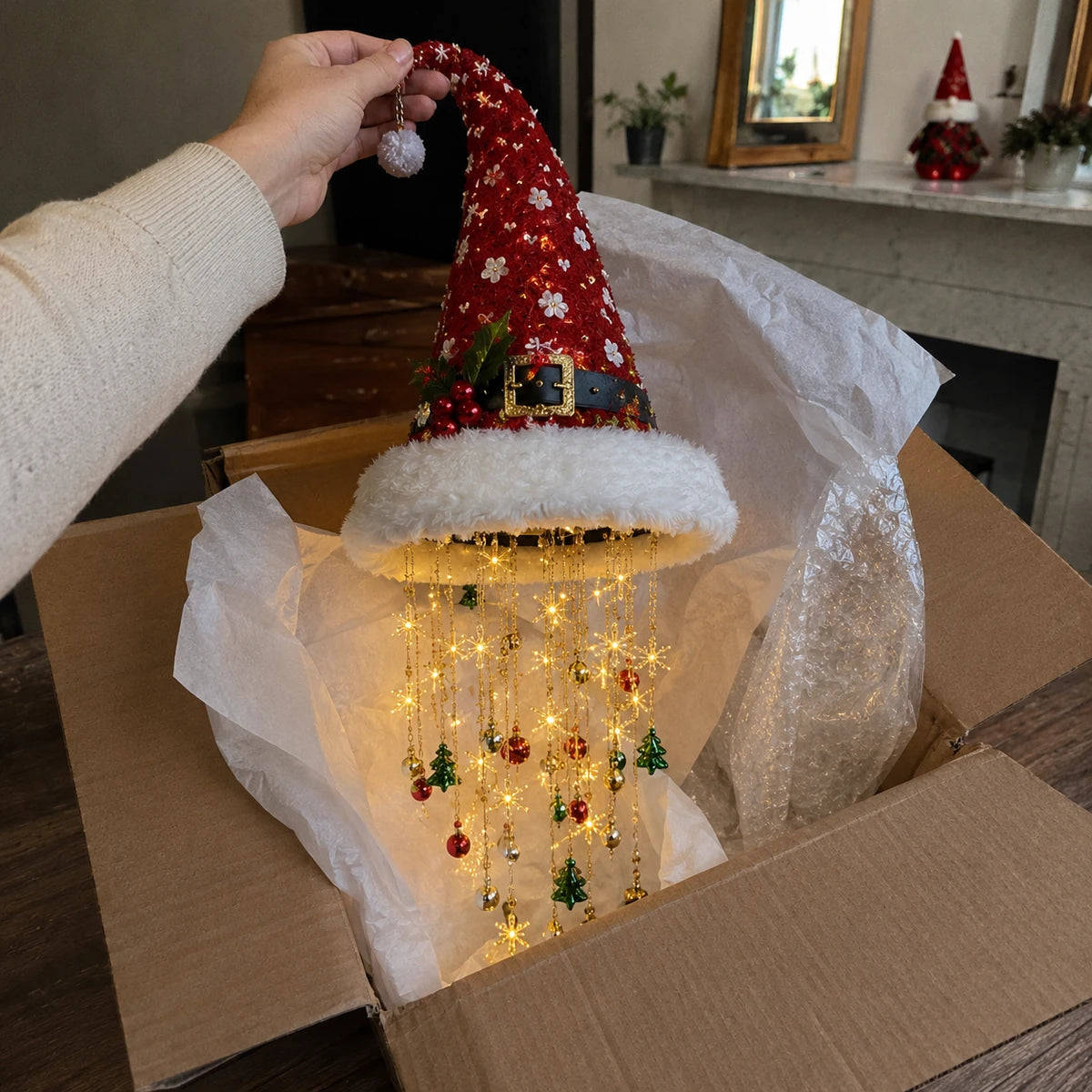 Unboxing a Santa hat chandelier