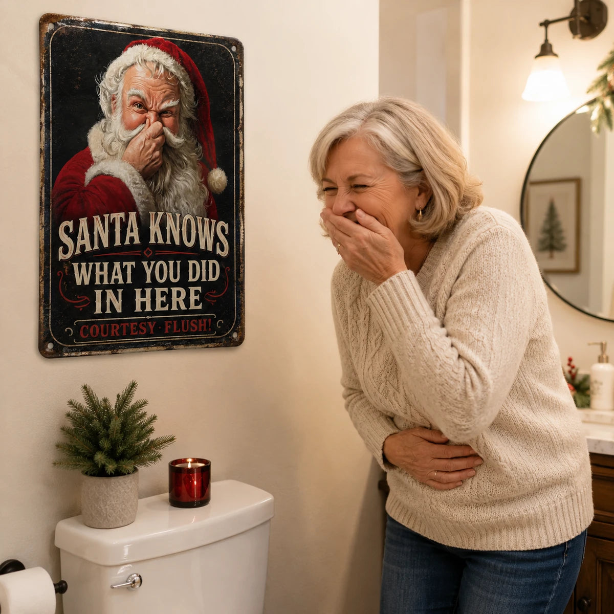 Older woman laughing at Santa bathroom sign