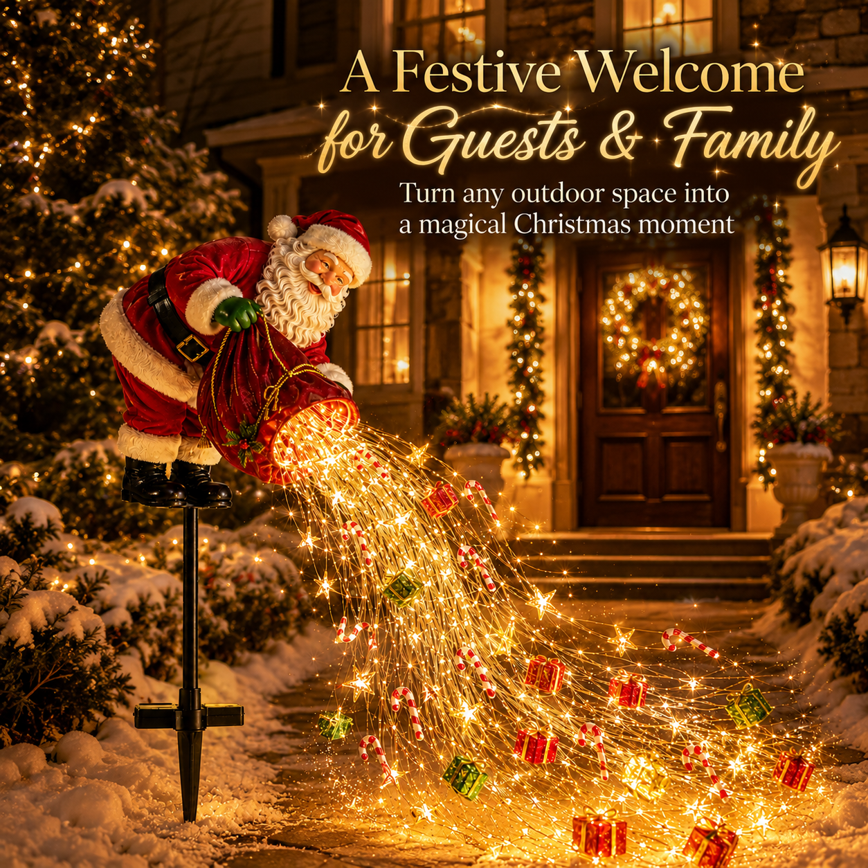 Santa Magic Pour Christmas garden light in front of a decorated home