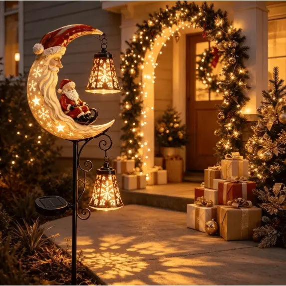 Solar Santa lantern lighting a Christmas front porch