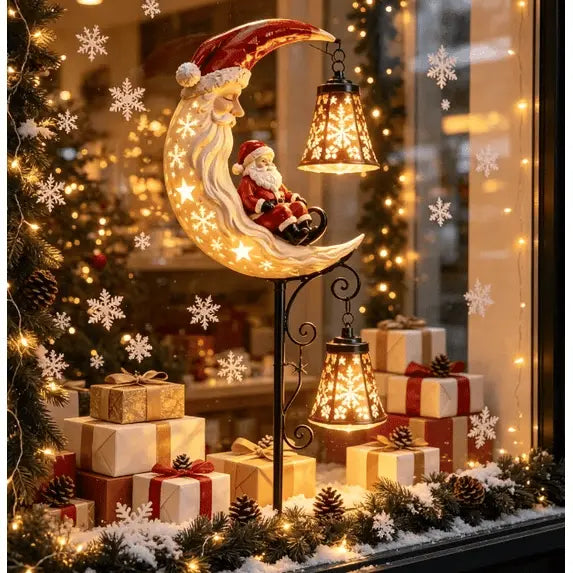 Double lantern Santa moon decoration beside a Christmas window