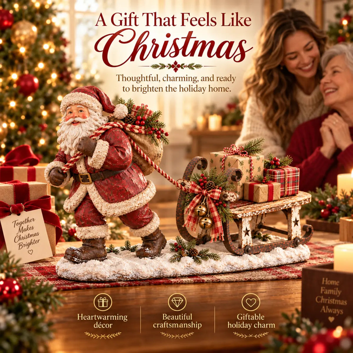 Santa sleigh tabletop decoration presented as a Christmas gift