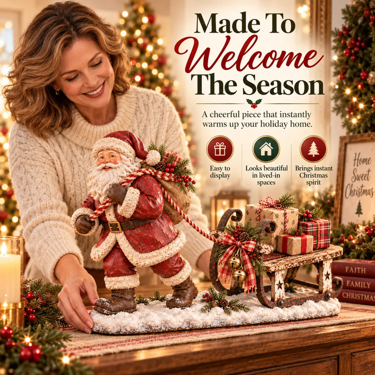 Woman placing the Santa and gift sleigh decoration on a holiday table