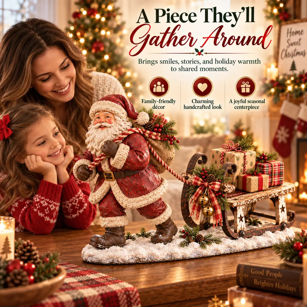 Mother and child enjoying the Santa sleigh Christmas centerpiece
