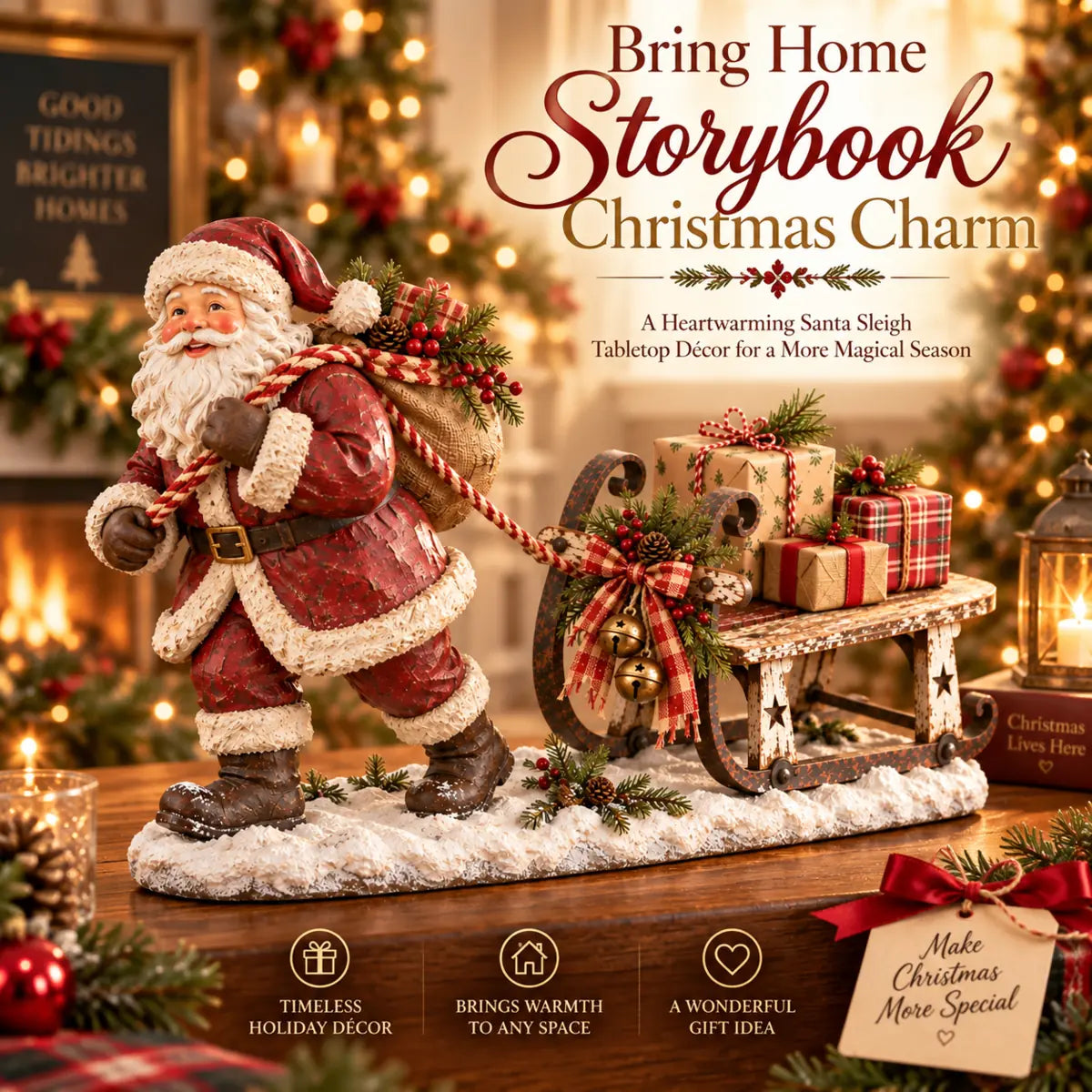 Storybook-style Santa pulling a rustic sleigh full of wrapped gifts