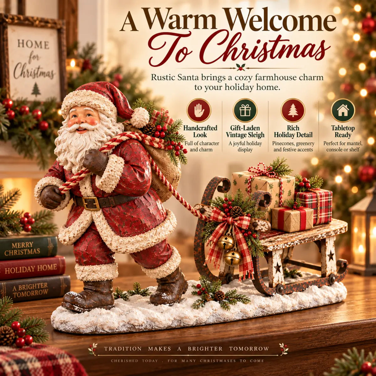 Rustic Santa pulling a decorated sleigh filled with Christmas gifts