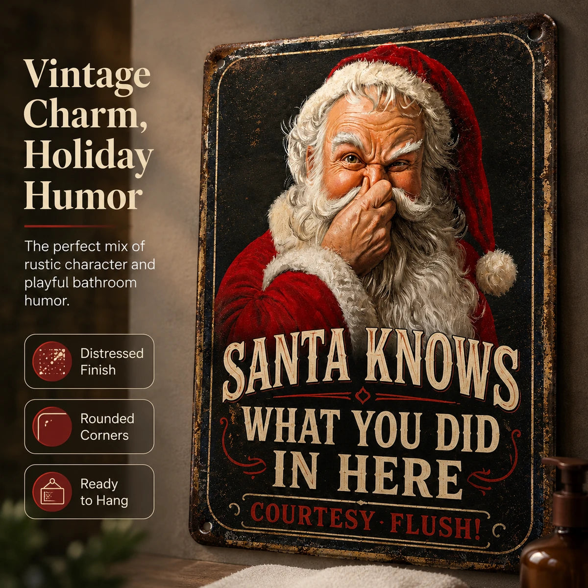 Close-up of Santa knows bathroom sign with vintage styling