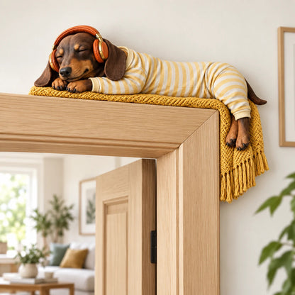 🐶🎧 Cozy Dachshund Doorway Napper – Whimsical Over-Door Accent for Dog Lovers