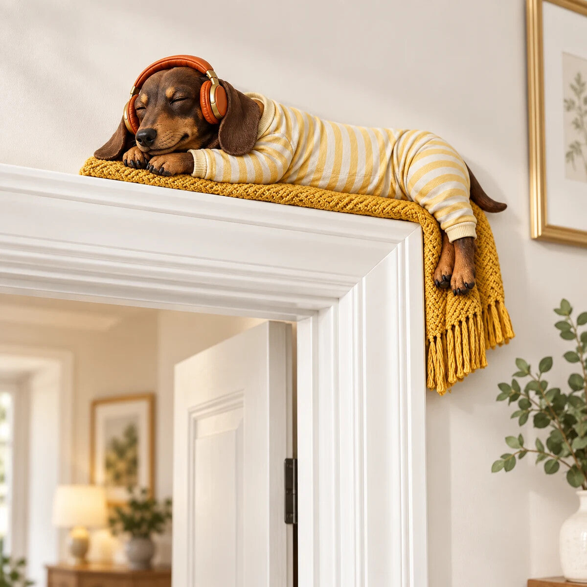 Sleeping dachshund on a white doorframe