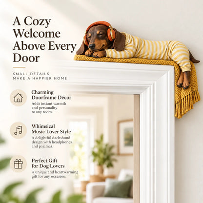 🐶🎧 Cozy Dachshund Doorway Napper – Whimsical Over-Door Accent for Dog Lovers