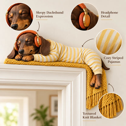 🐶🎧 Cozy Dachshund Doorway Napper – Whimsical Over-Door Accent for Dog Lovers