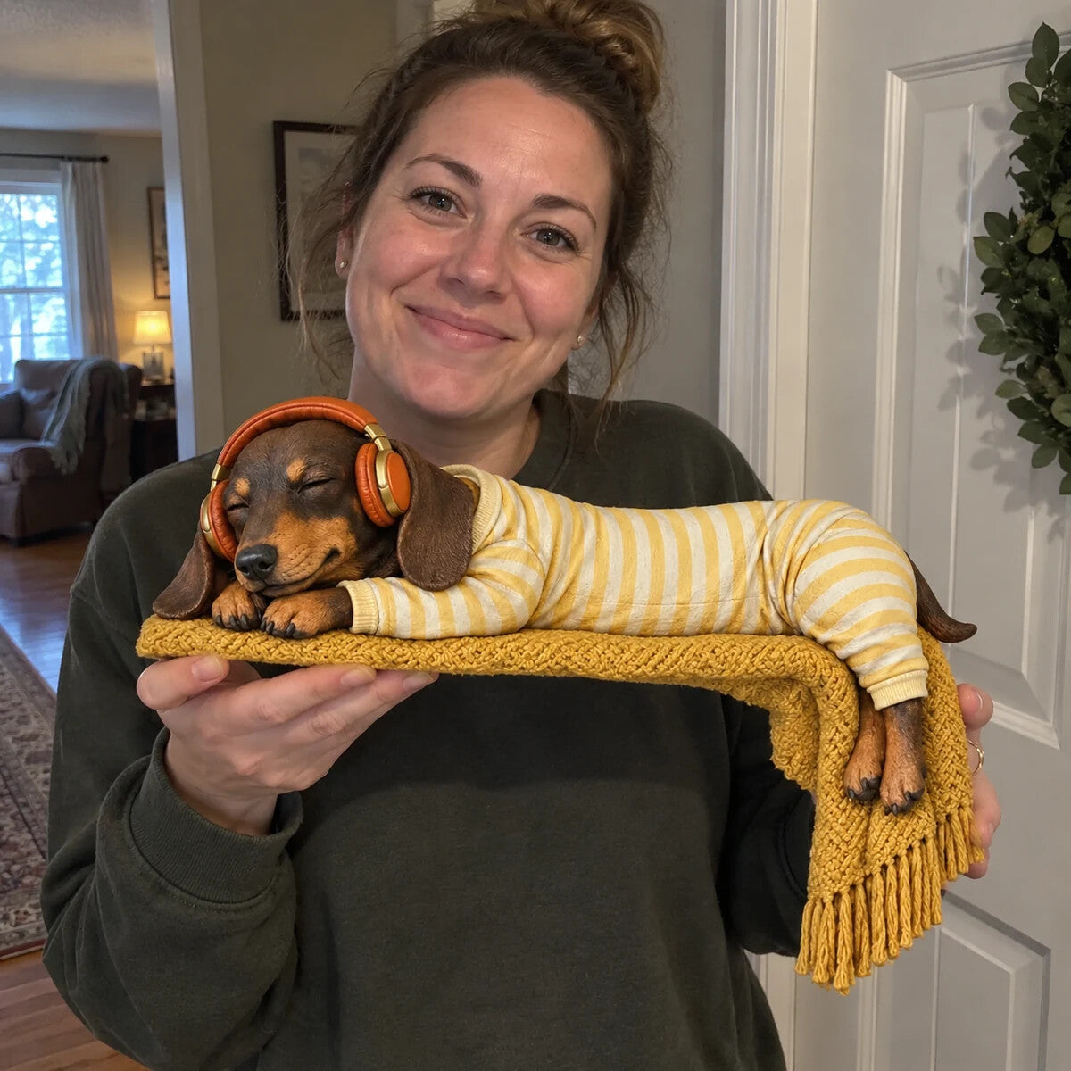 Customer holding sleeping dachshund topper