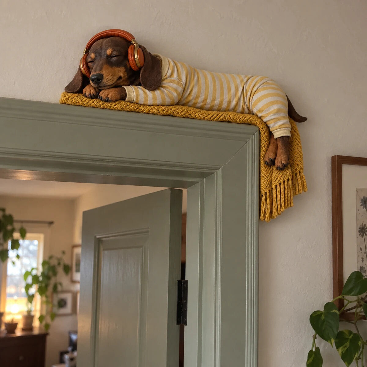Sleeping dachshund topper on green doorframe