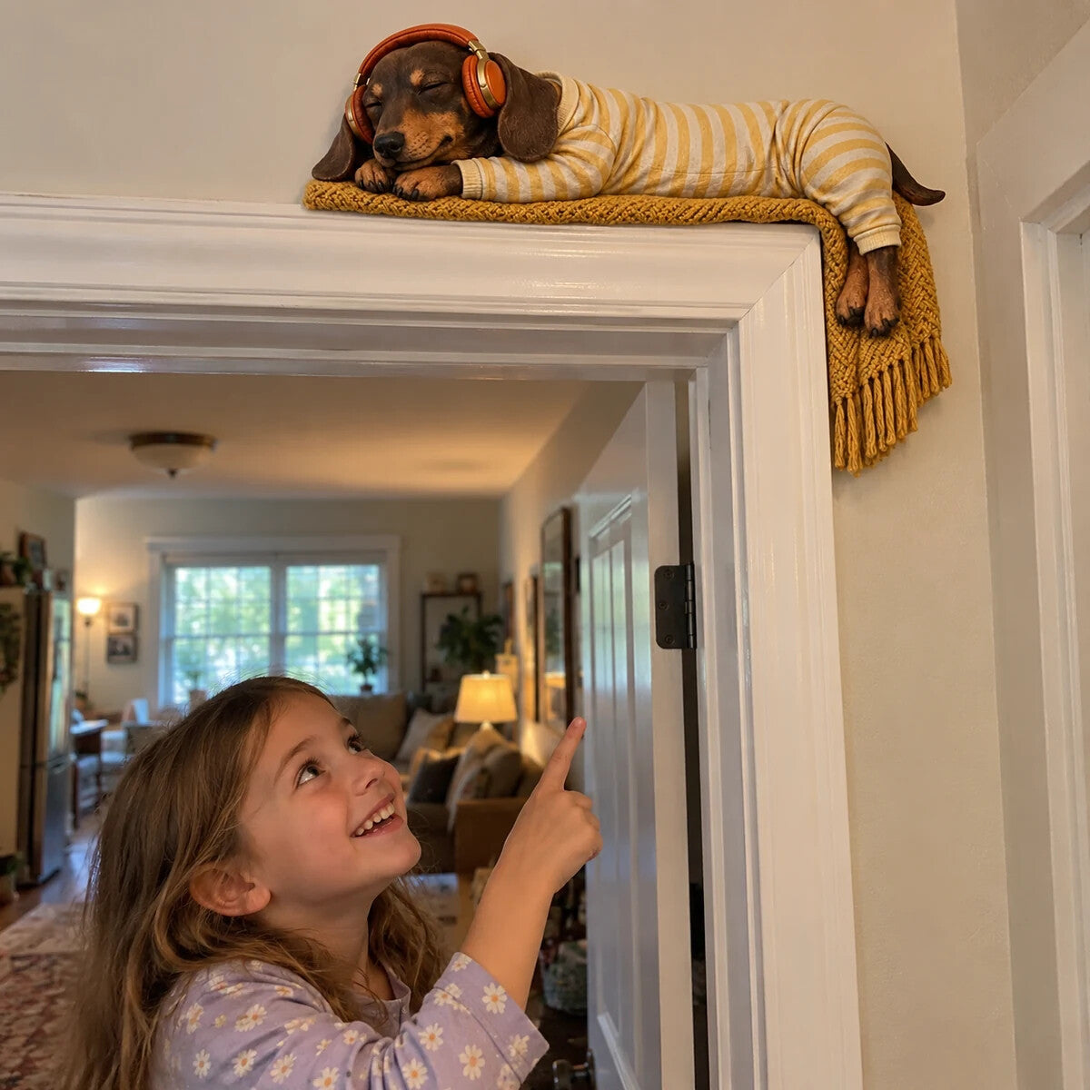 Child pointing at sleeping dachshund topper