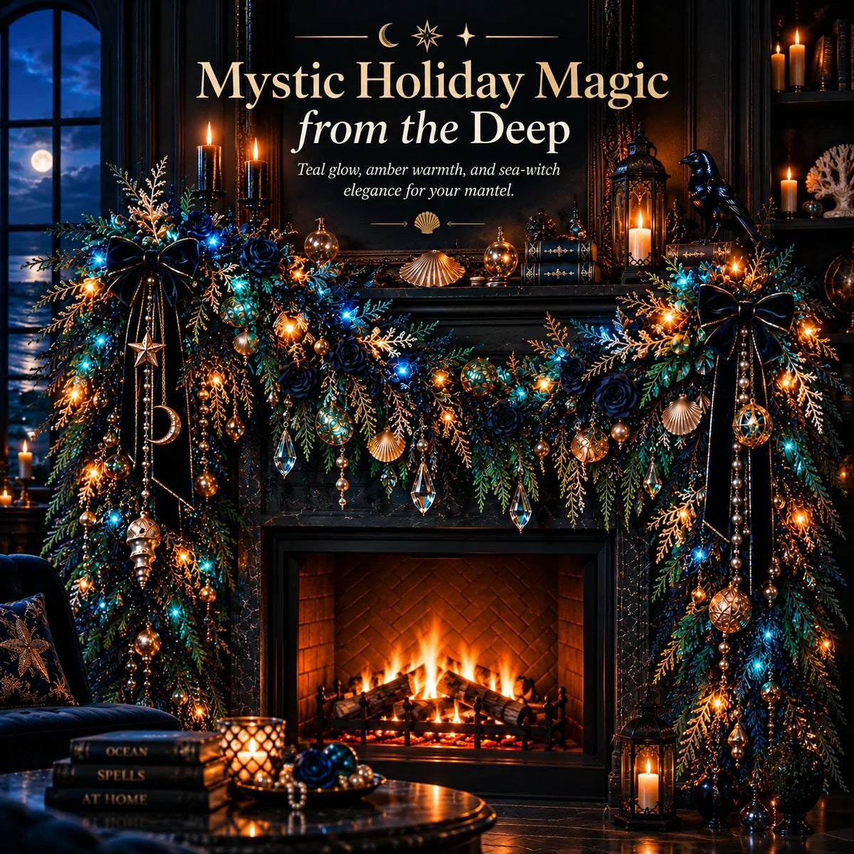 Dark Ocean Sea Witch Garland displayed over a fireplace at night