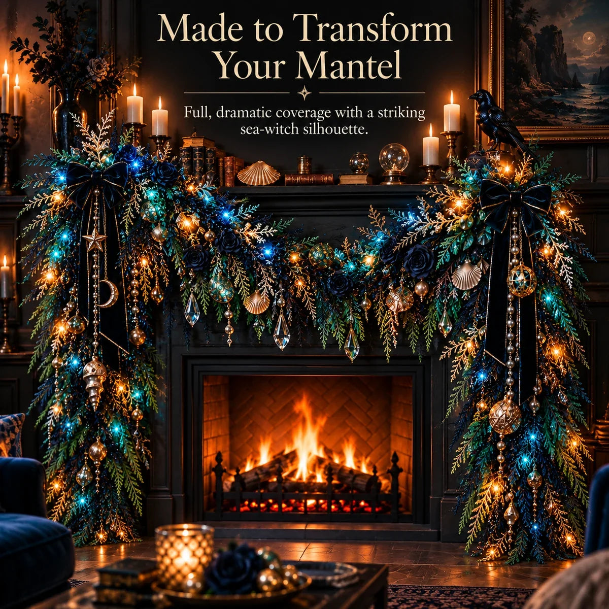 🌊 Dark Ocean Sea Witch Garland – Mystic Teal & Amber Lighted Gothic Coastal Decor