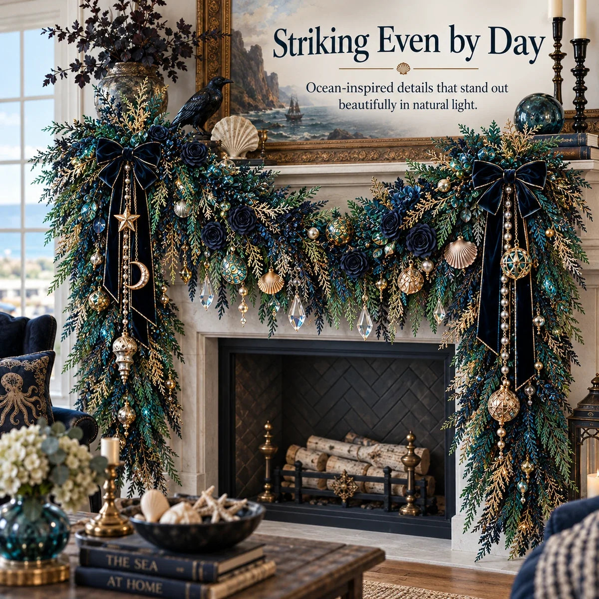 🌊 Dark Ocean Sea Witch Garland – Mystic Teal & Amber Lighted Gothic Coastal Decor