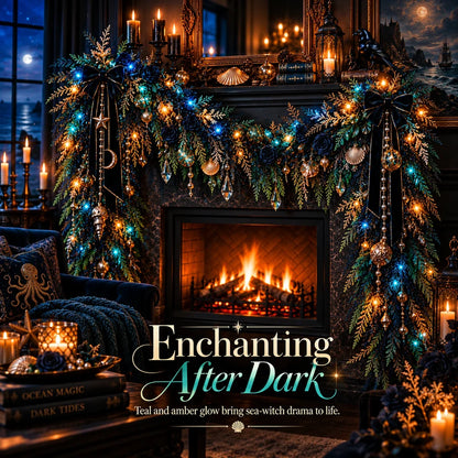 🌊 Dark Ocean Sea Witch Garland – Mystic Teal & Amber Lighted Gothic Coastal Decor