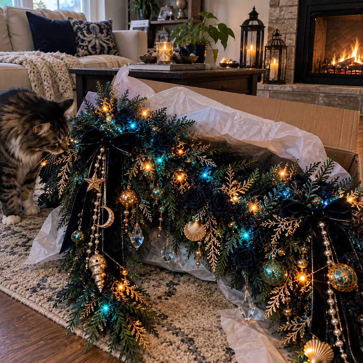 Sea Witch Garland at home near fireplace and cat