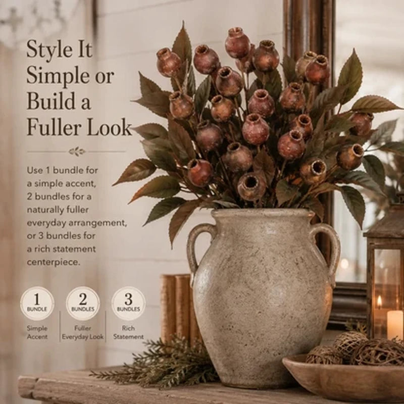 One two and three faux seed pod bundles styled at different fullness levels
