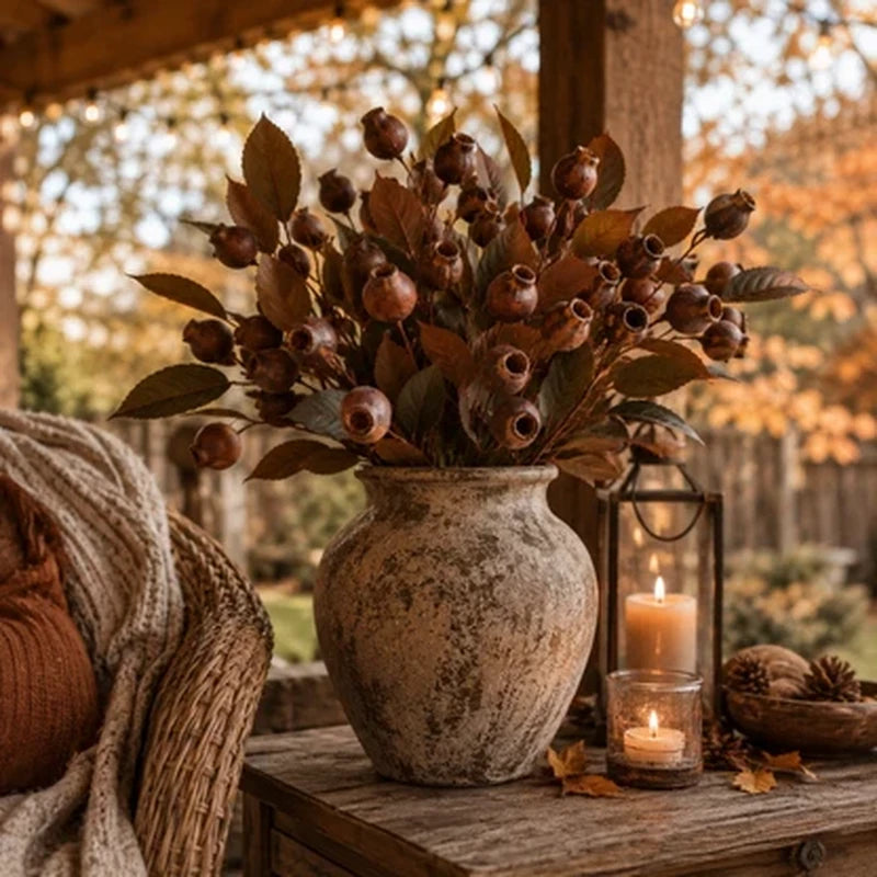 Vintage faux seed pod stems styled in a rustic vase