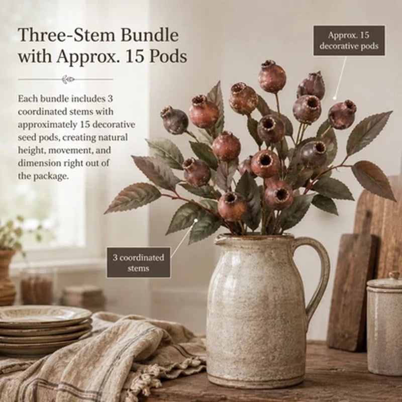 Three-stem faux seed pod bundle with approximately fifteen pods