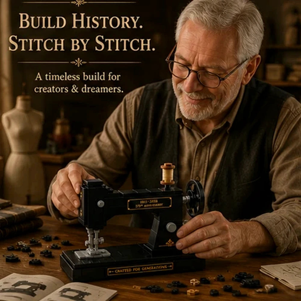 Adult builder assembling vintage sewing machine brick set
