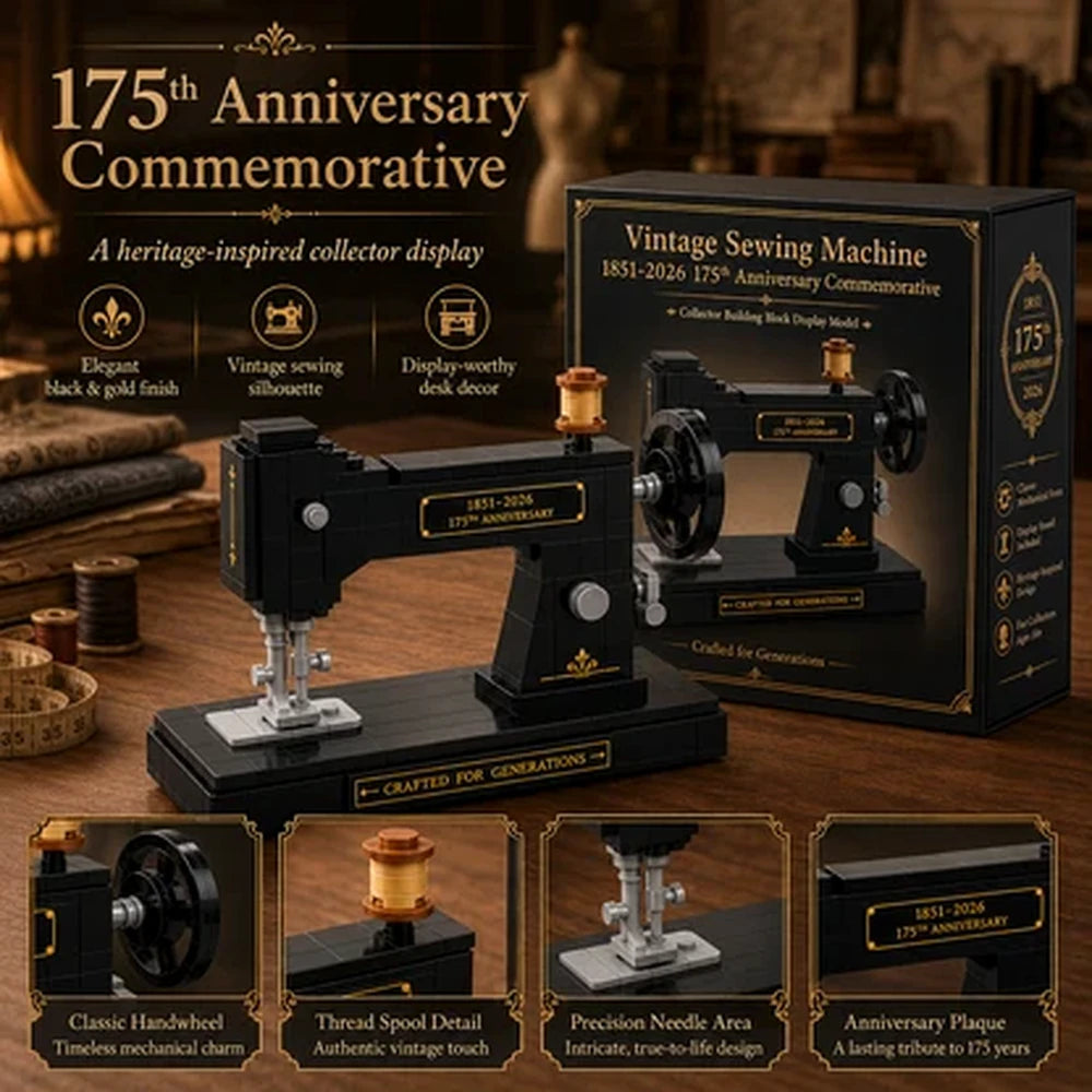 Vintage sewing machine brick set details including handwheel spool and needle area
