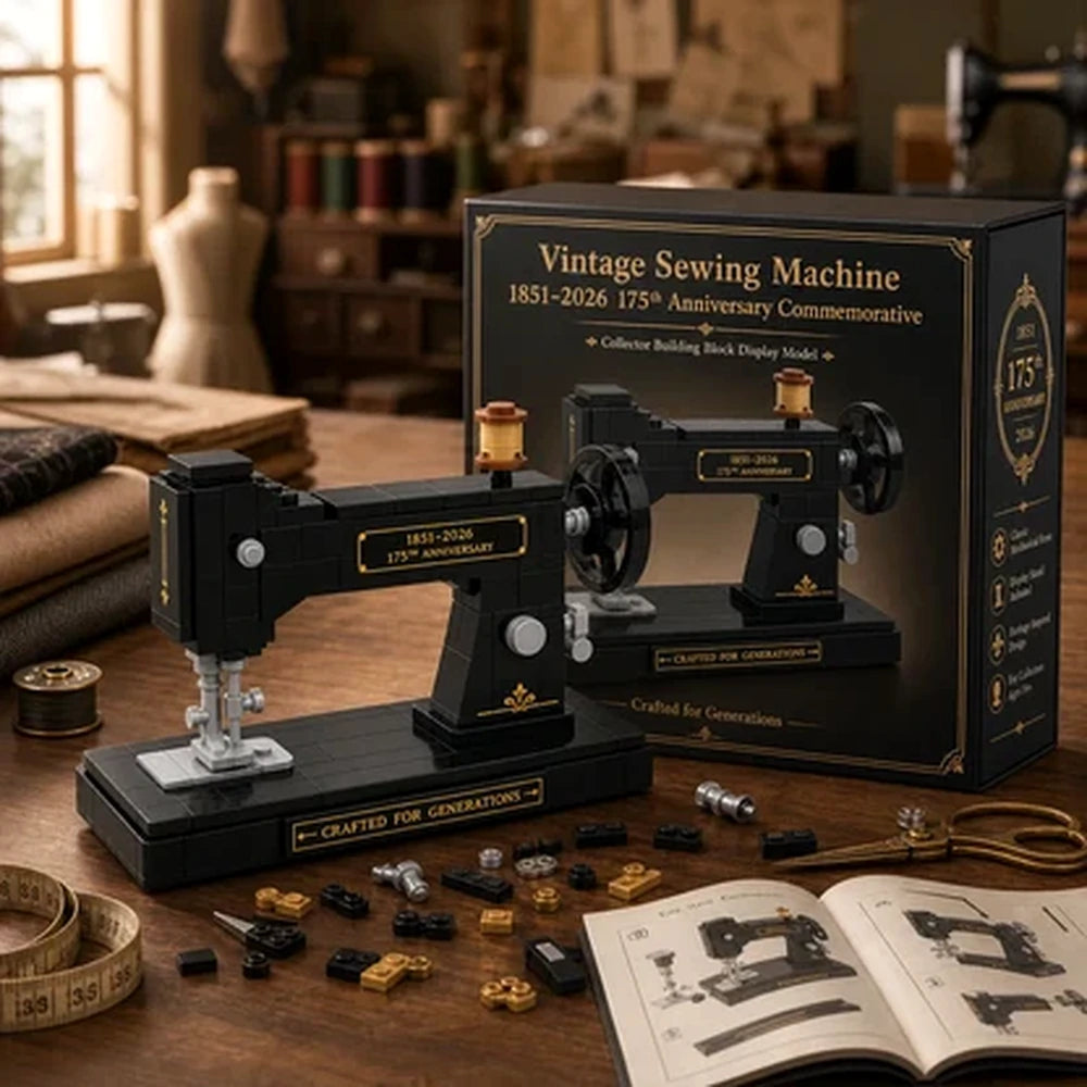 Vintage sewing machine brick building set with collector box