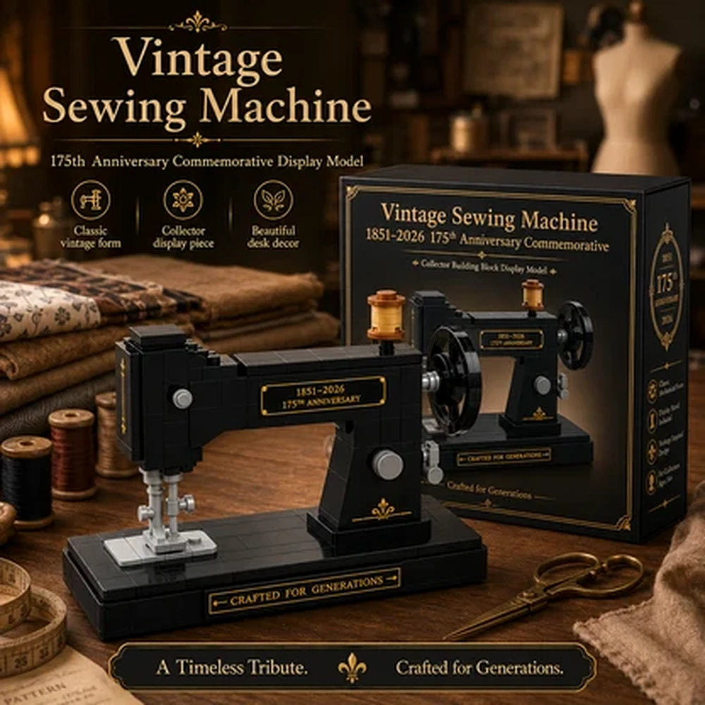 Vintage sewing machine building set displayed in a sewing room