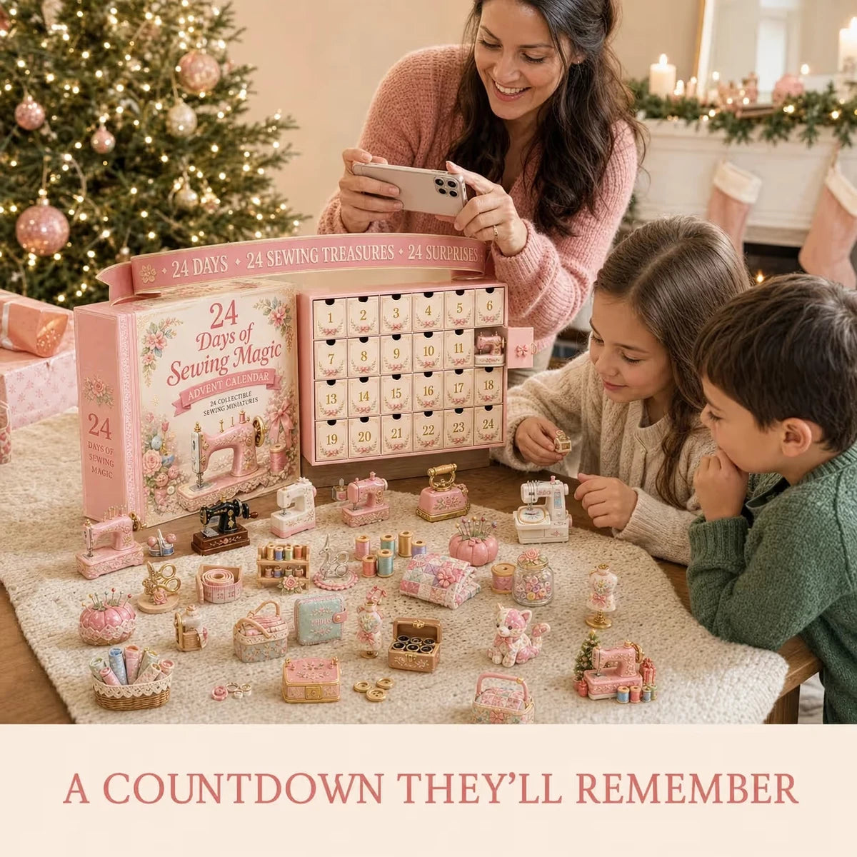 Family enjoying sewing Advent calendar