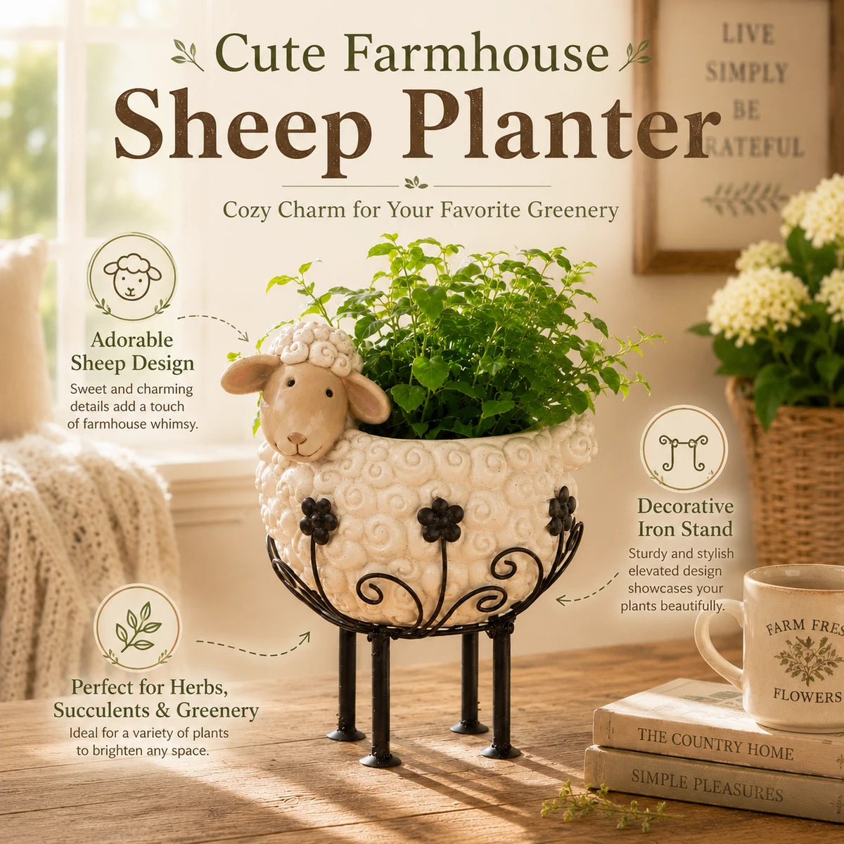 Cute farmhouse sheep planter with greenery and decorative iron stand