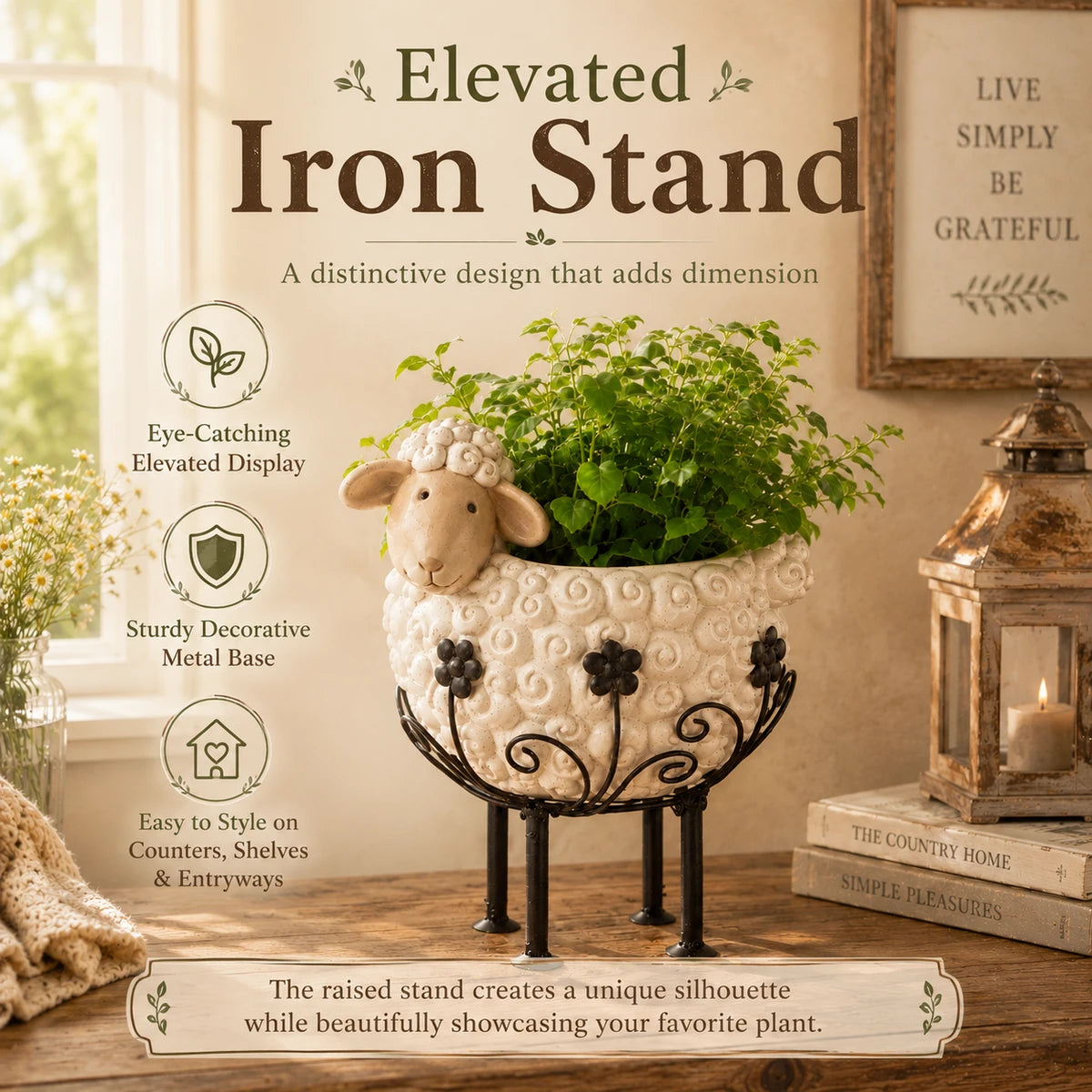 Elevated black iron stand detail on farmhouse sheep planter