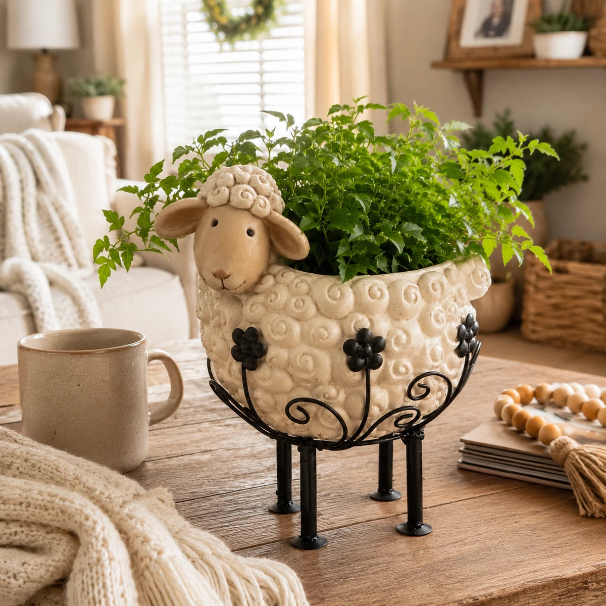 Sample review image of sheep planter displayed in a cozy home