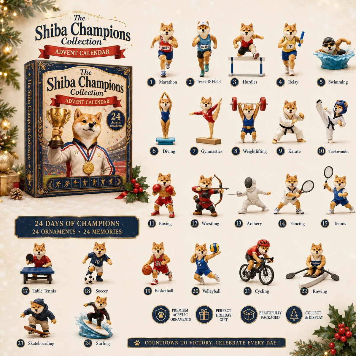Shiba Champions sports guide showing numbered ornaments