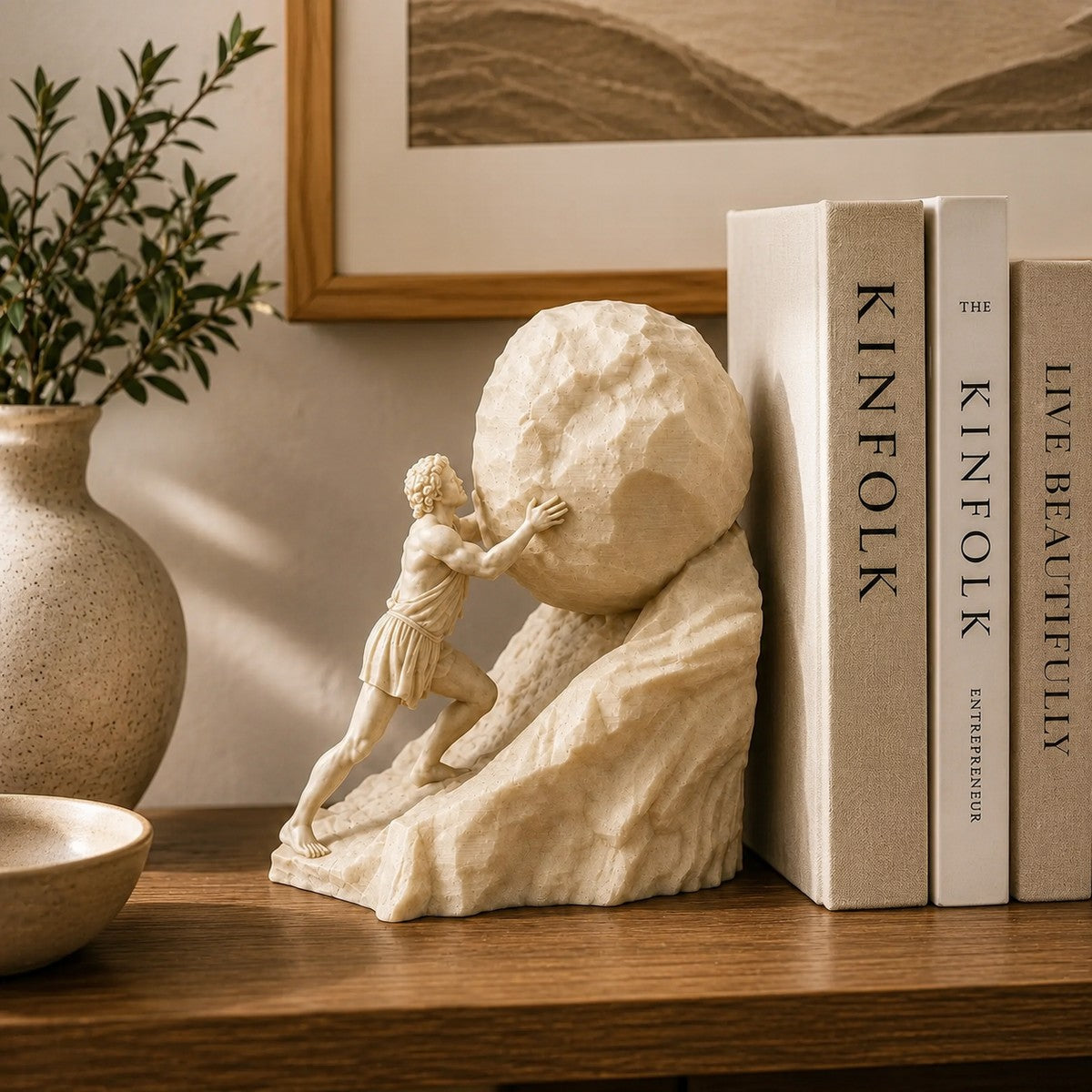 Sisyphus sculpture displayed as a bookend beside books